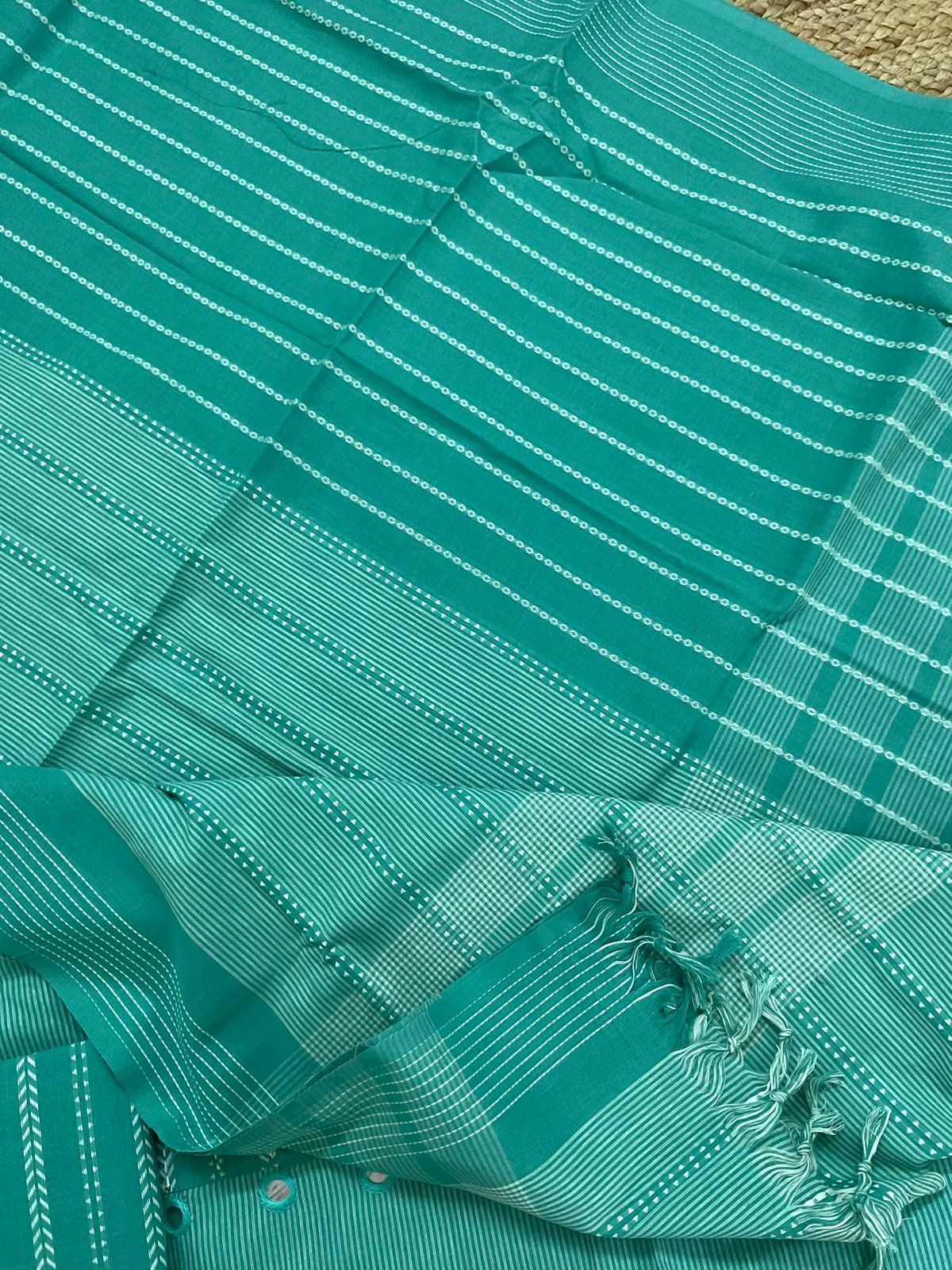 Pure Handloom Cotton Self Weaved Embroidered Suit - Green
