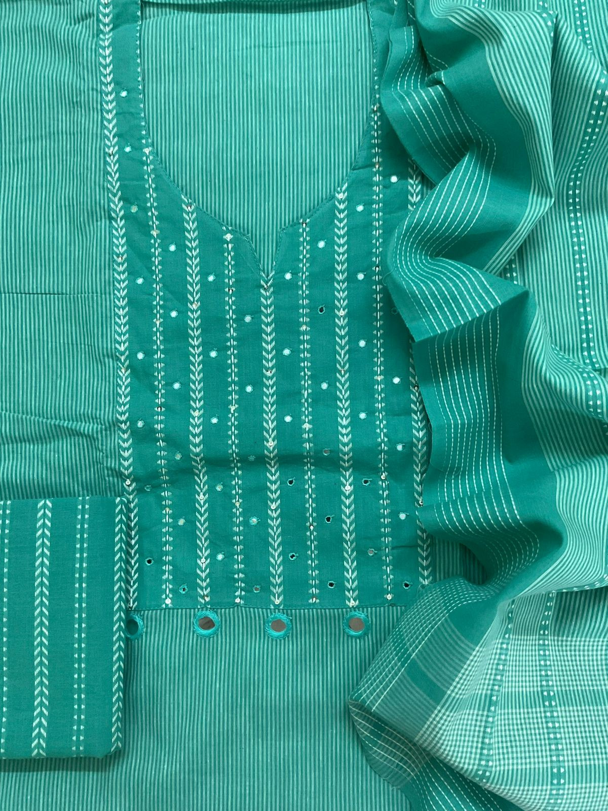 Pure Handloom Cotton Self Weaved Embroidered Suit - Green