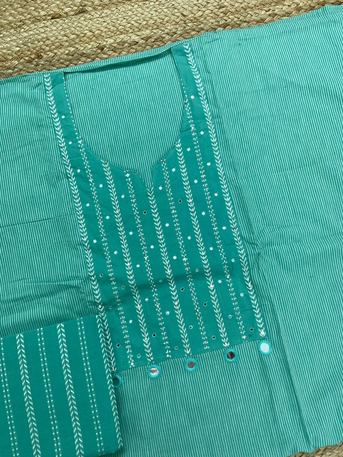 Pure Handloom Cotton Self Weaved Embroidered Suit - Green