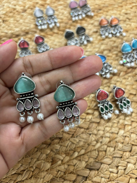 Image of Metallic Silver Oxidised Earrings With Stone Settings - Sea Green