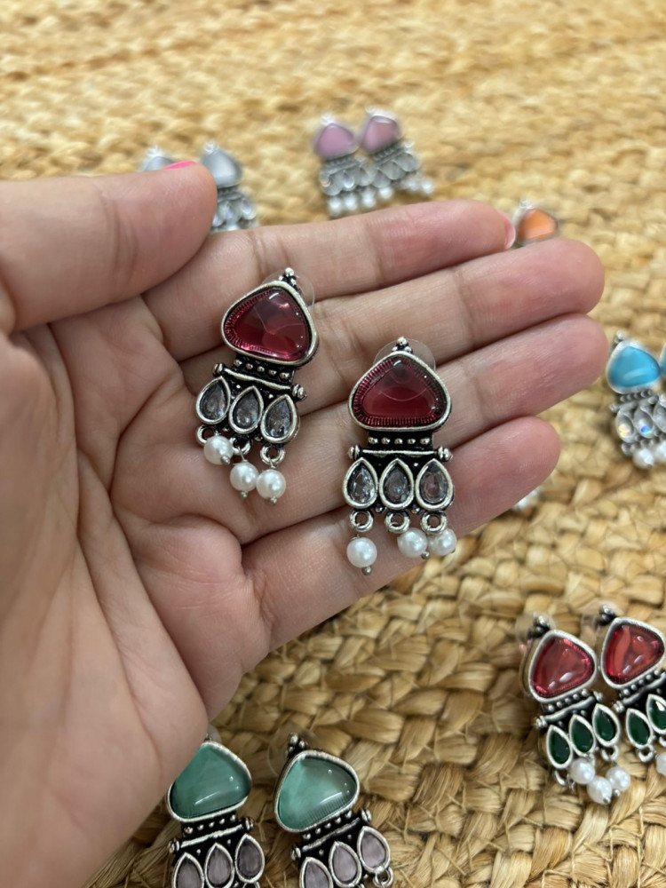 Image of Metallic Silver Oxidised Earrings With Stone Settings - Rust