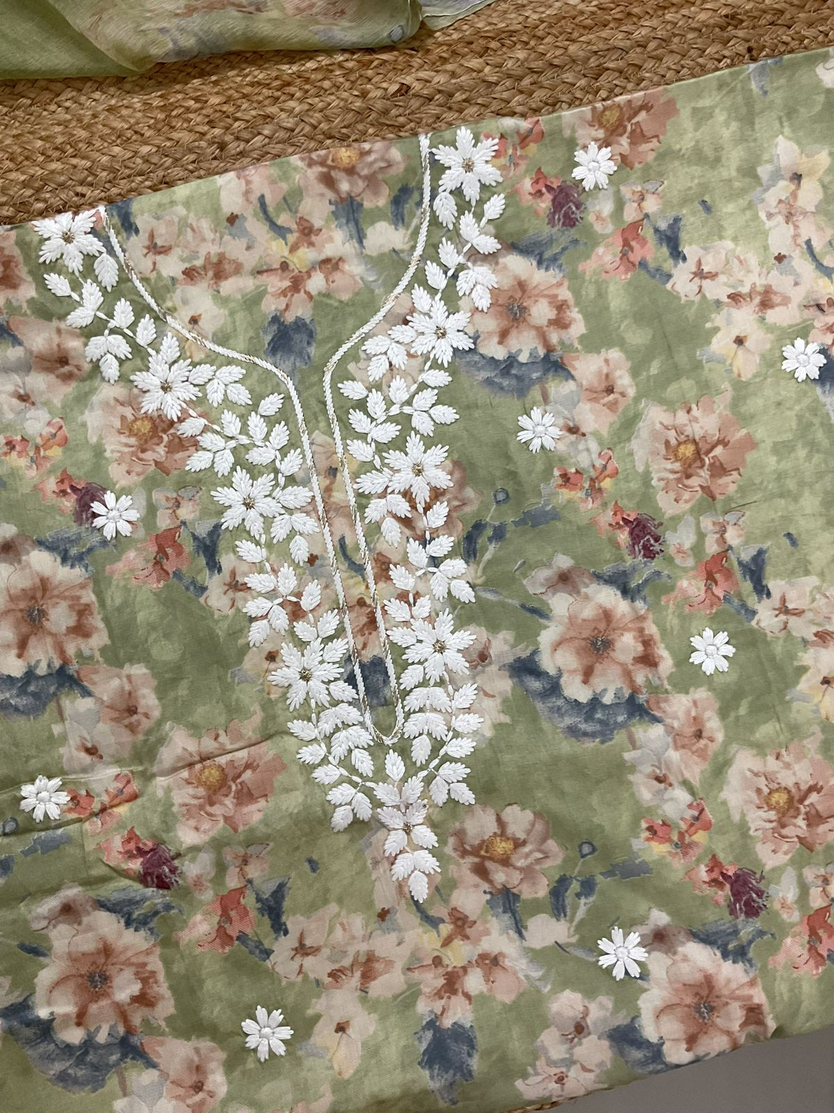 Pure Jaam Cotton Printed Embroidered Suit - Green