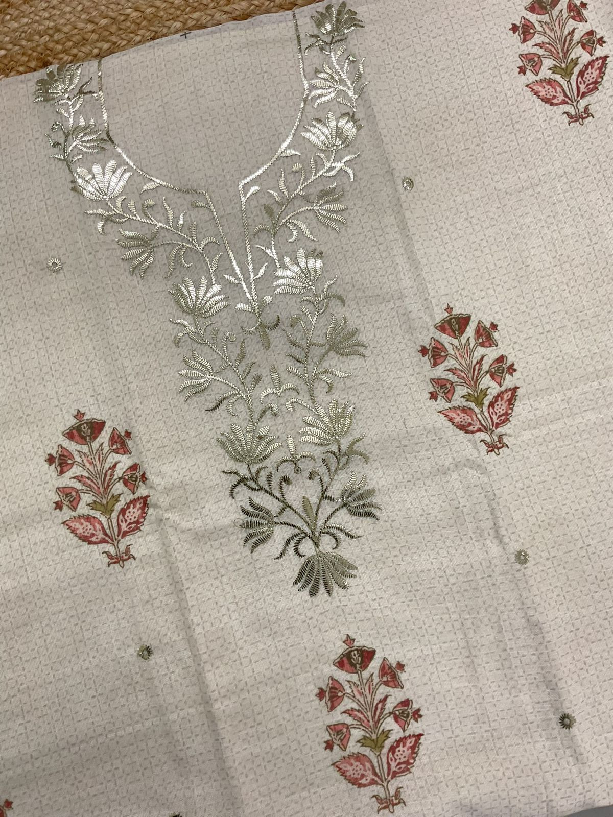 Soft Linen Jute Cotton Printed Embroidered Suit - Cream