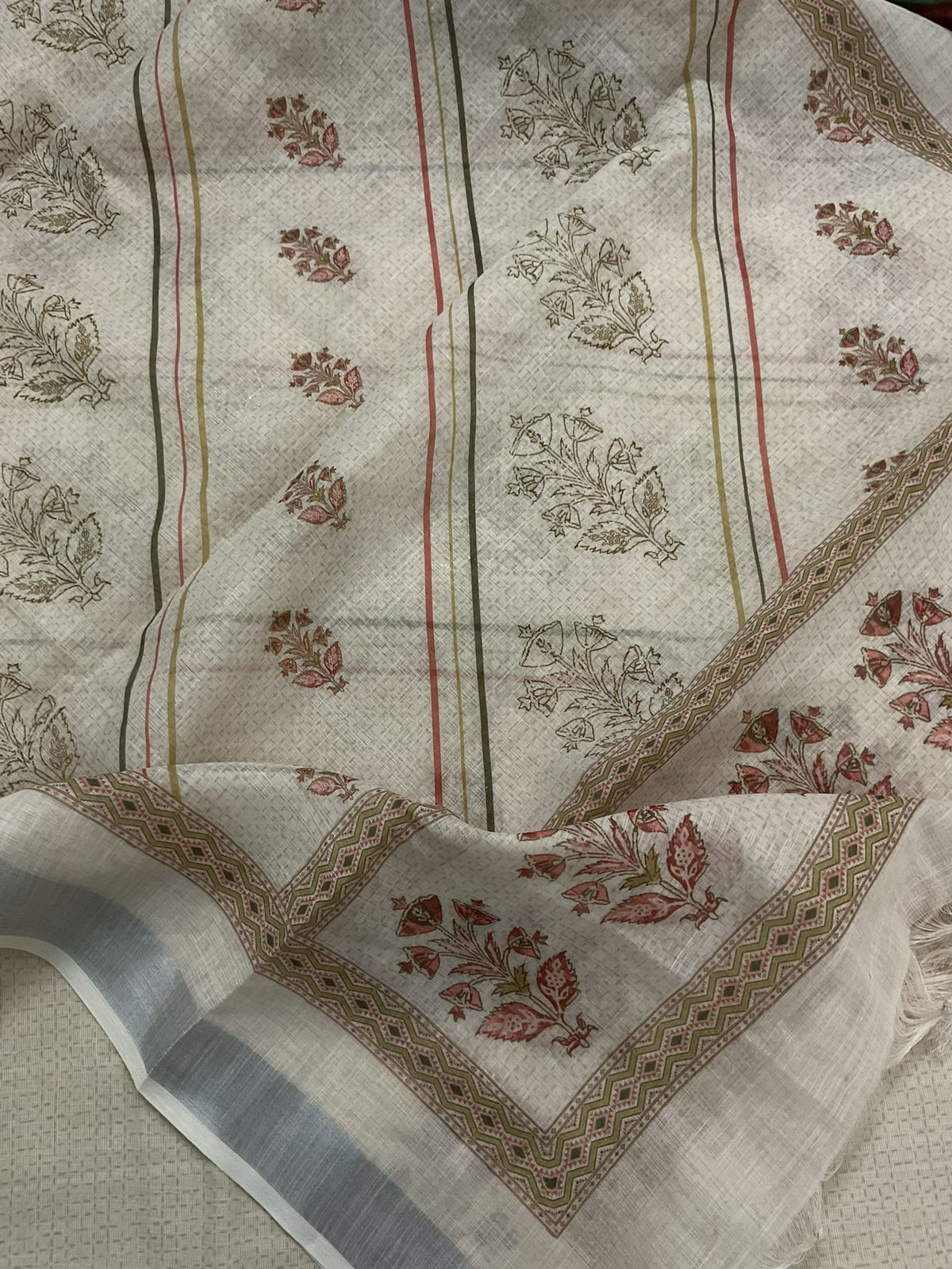 Soft Linen Jute Cotton Printed Embroidered Suit - Cream