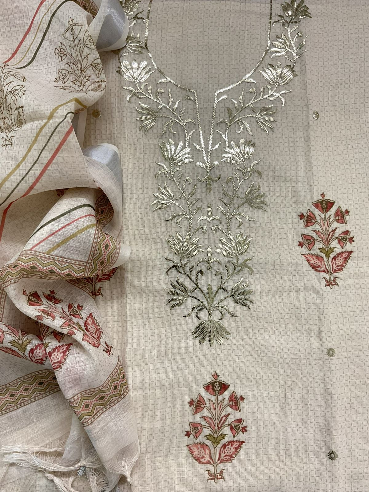 Soft Linen Jute Cotton Printed Embroidered Suit - Cream