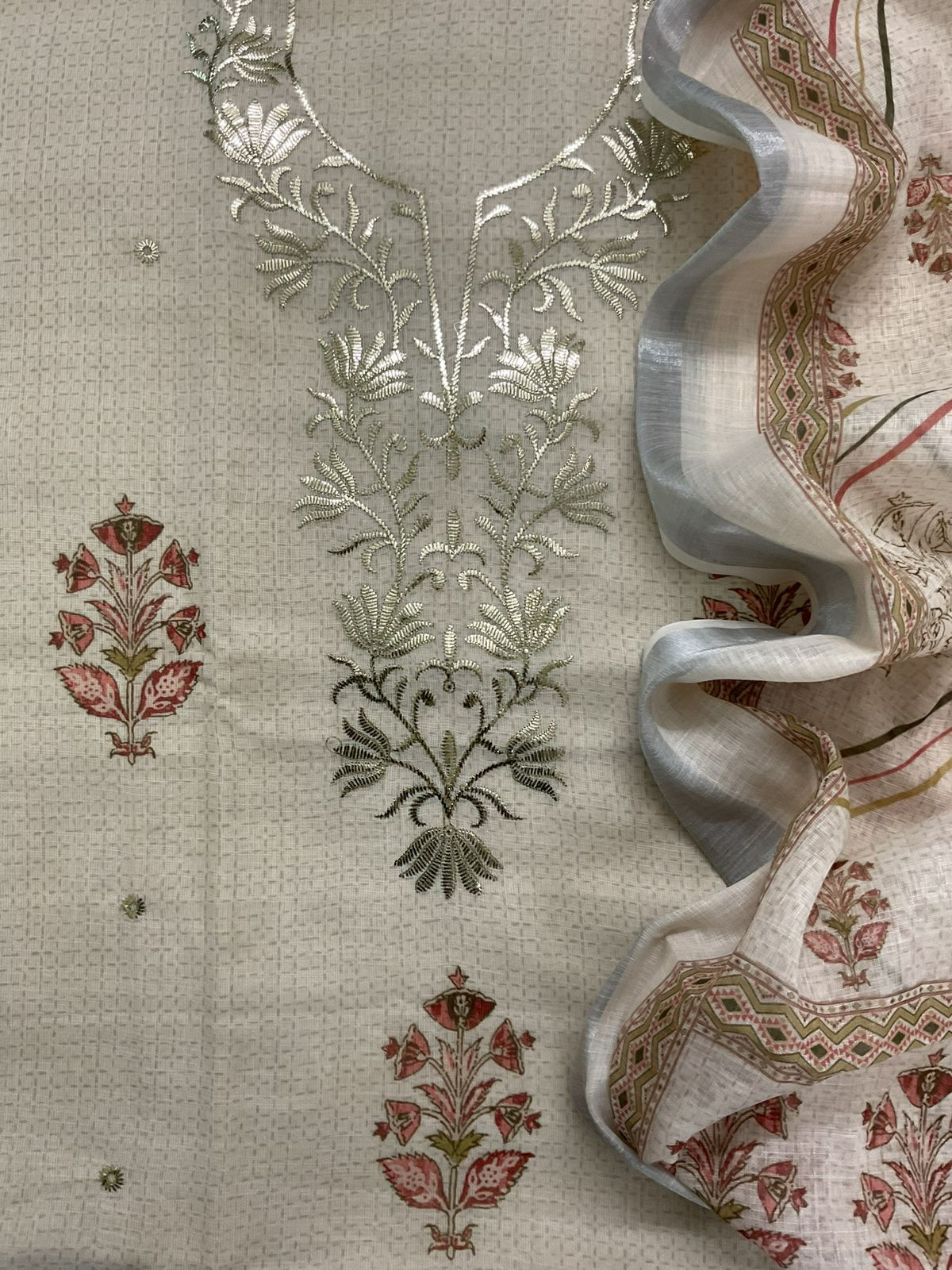 Soft Linen Jute Cotton Printed Embroidered Suit - Cream