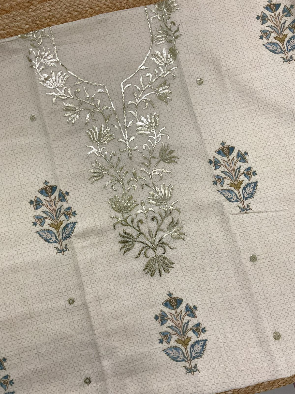 Soft Linen Jute Cotton Printed Embroidered Suit - Cream