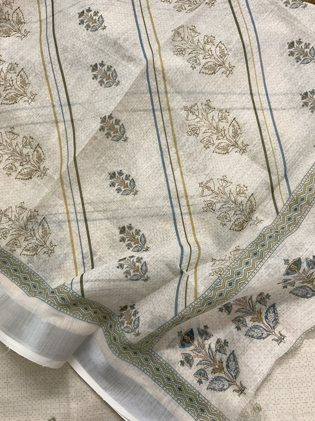 Soft Linen Jute Cotton Printed Embroidered Suit - Cream