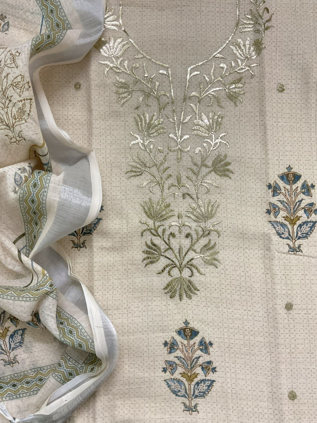 Soft Linen Jute Cotton Printed Embroidered Suit - Cream