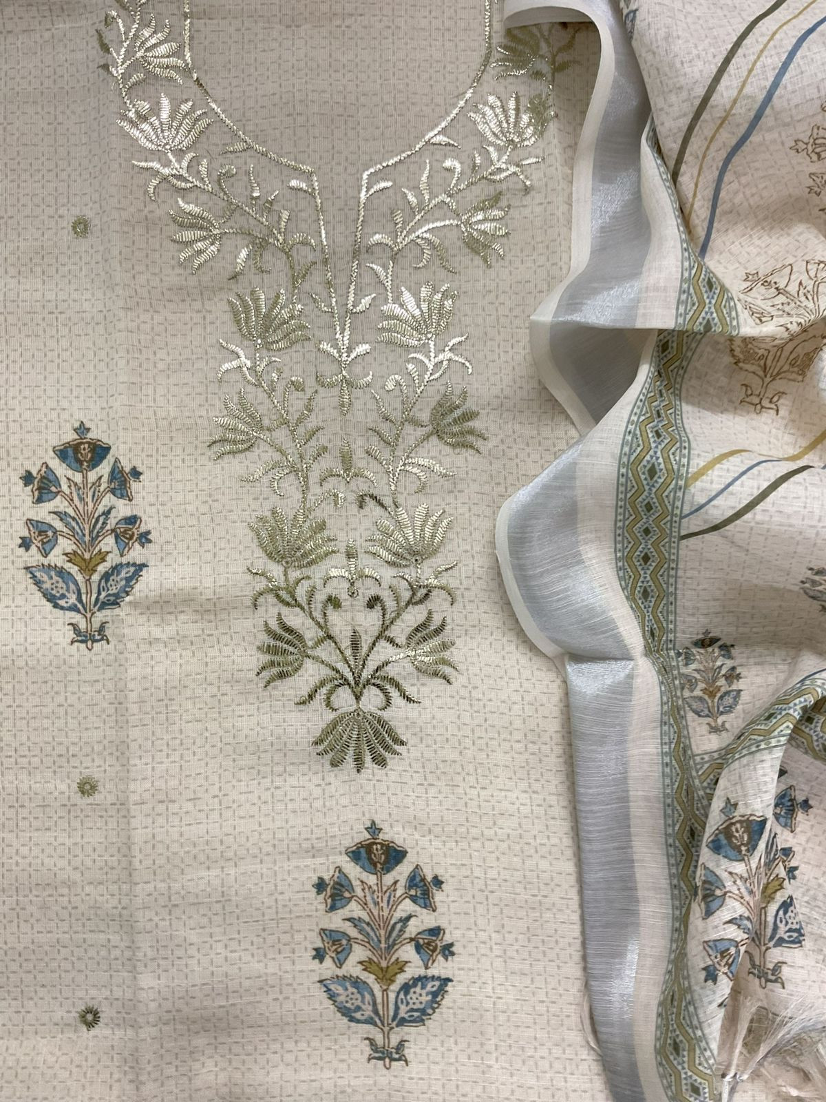 Soft Linen Jute Cotton Printed Embroidered Suit - Cream