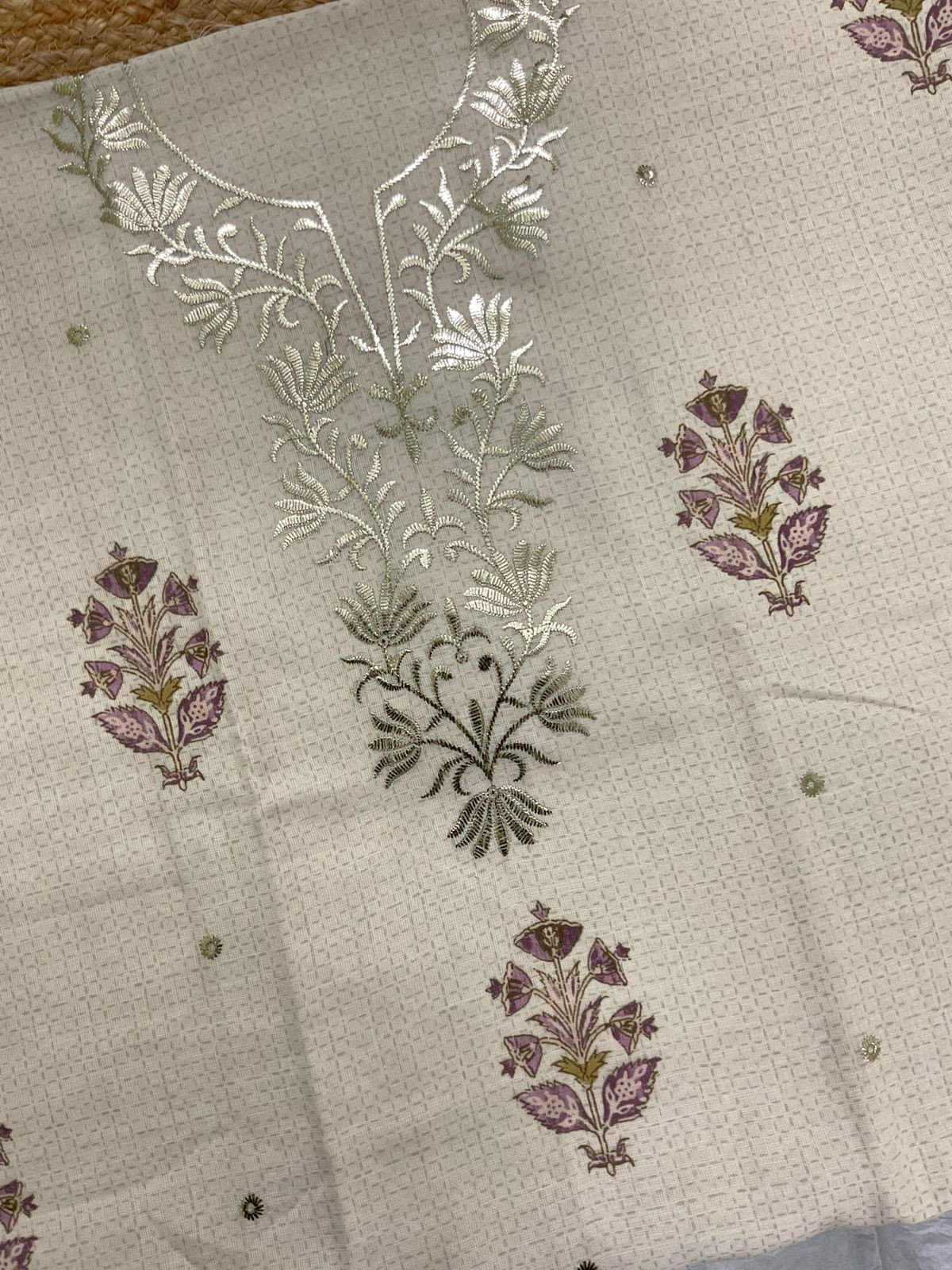 Soft Linen Jute Cotton Printed Embroidered Suit - Cream