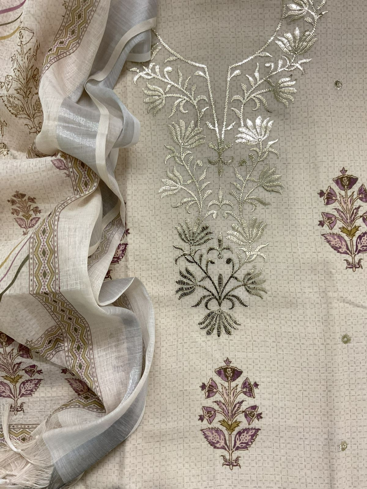Soft Linen Jute Cotton Printed Embroidered Suit - Cream