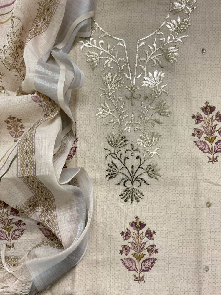 Image of Soft Linen Jute Cotton Printed Embroidered Suit - Cream