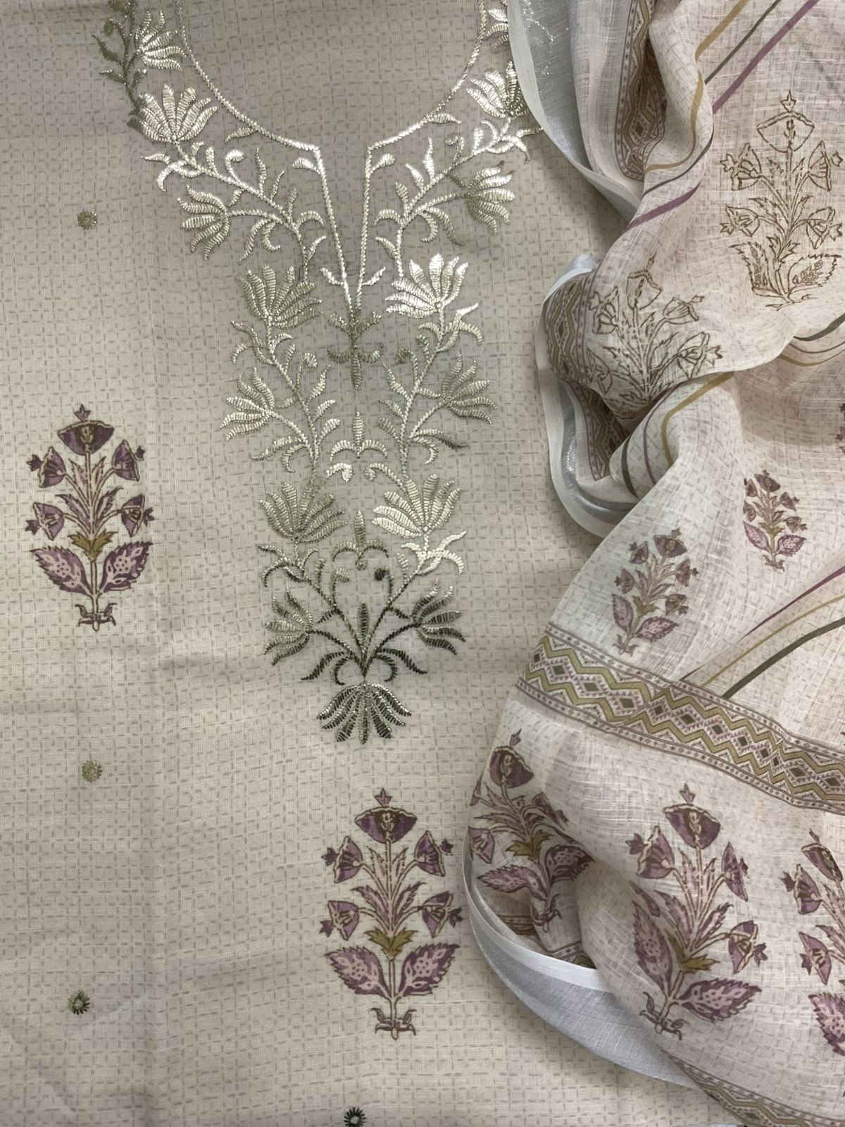 Soft Linen Jute Cotton Printed Embroidered Suit - Cream