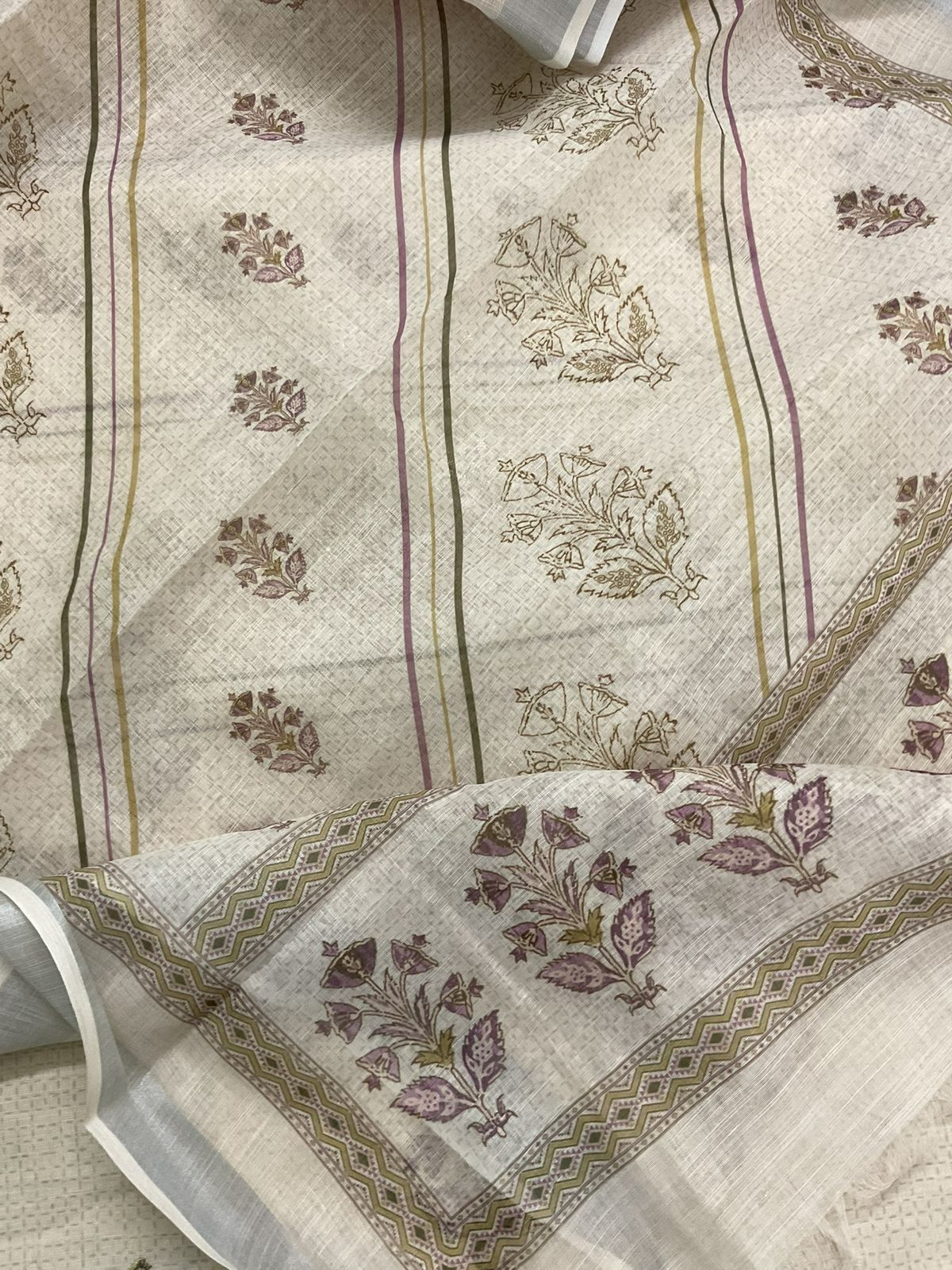 Soft Linen Jute Cotton Printed Embroidered Suit - Cream