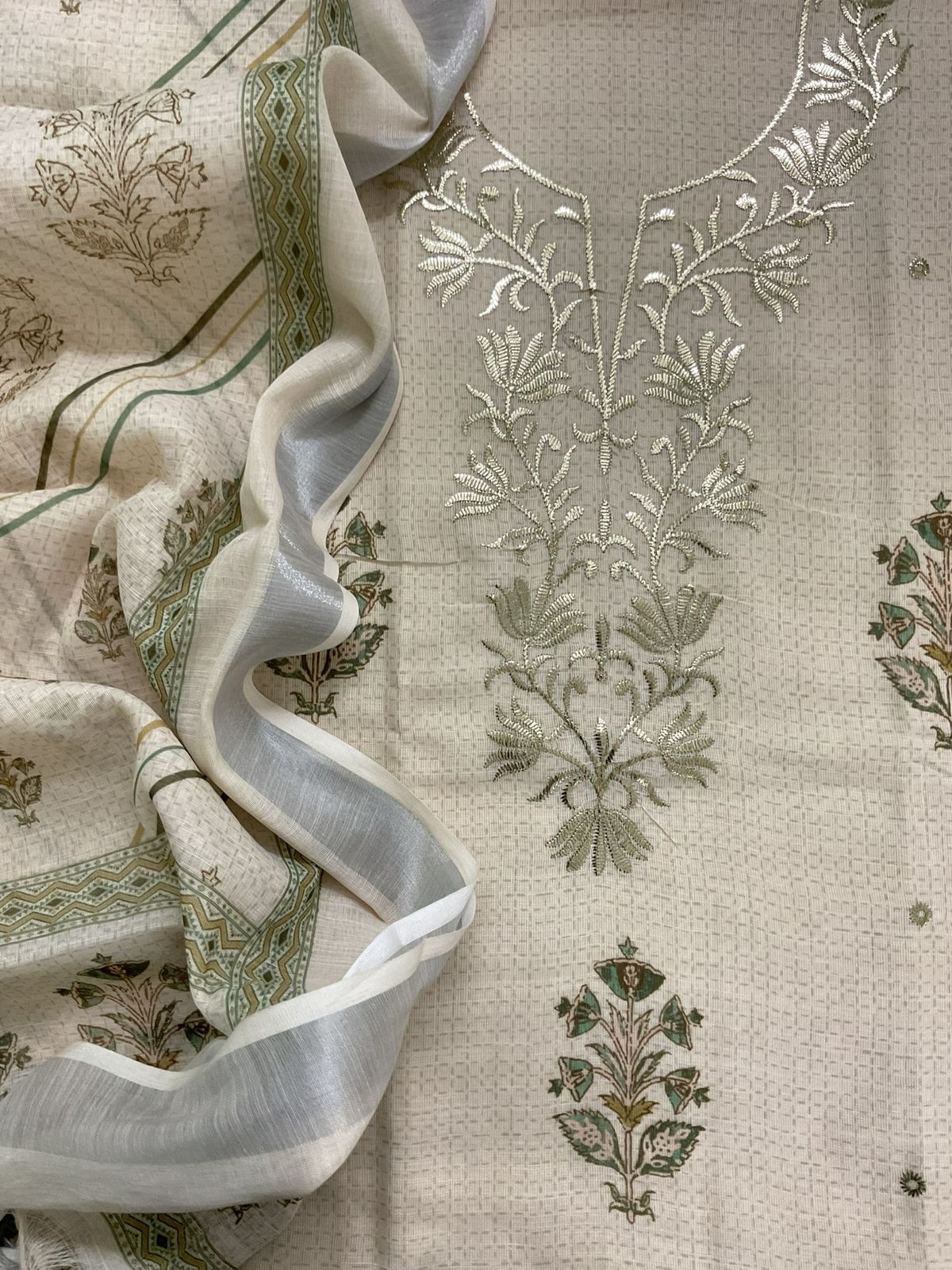 Soft Linen Jute Cotton Printed Embroidered Suit - Cream