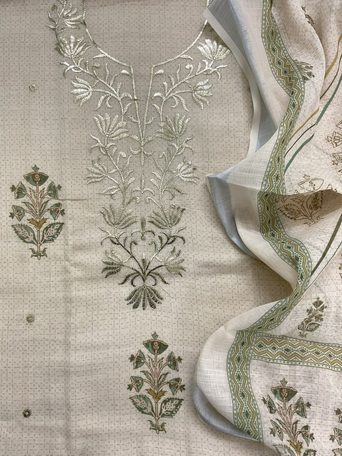 Soft Linen Jute Cotton Printed Embroidered Suit - Cream