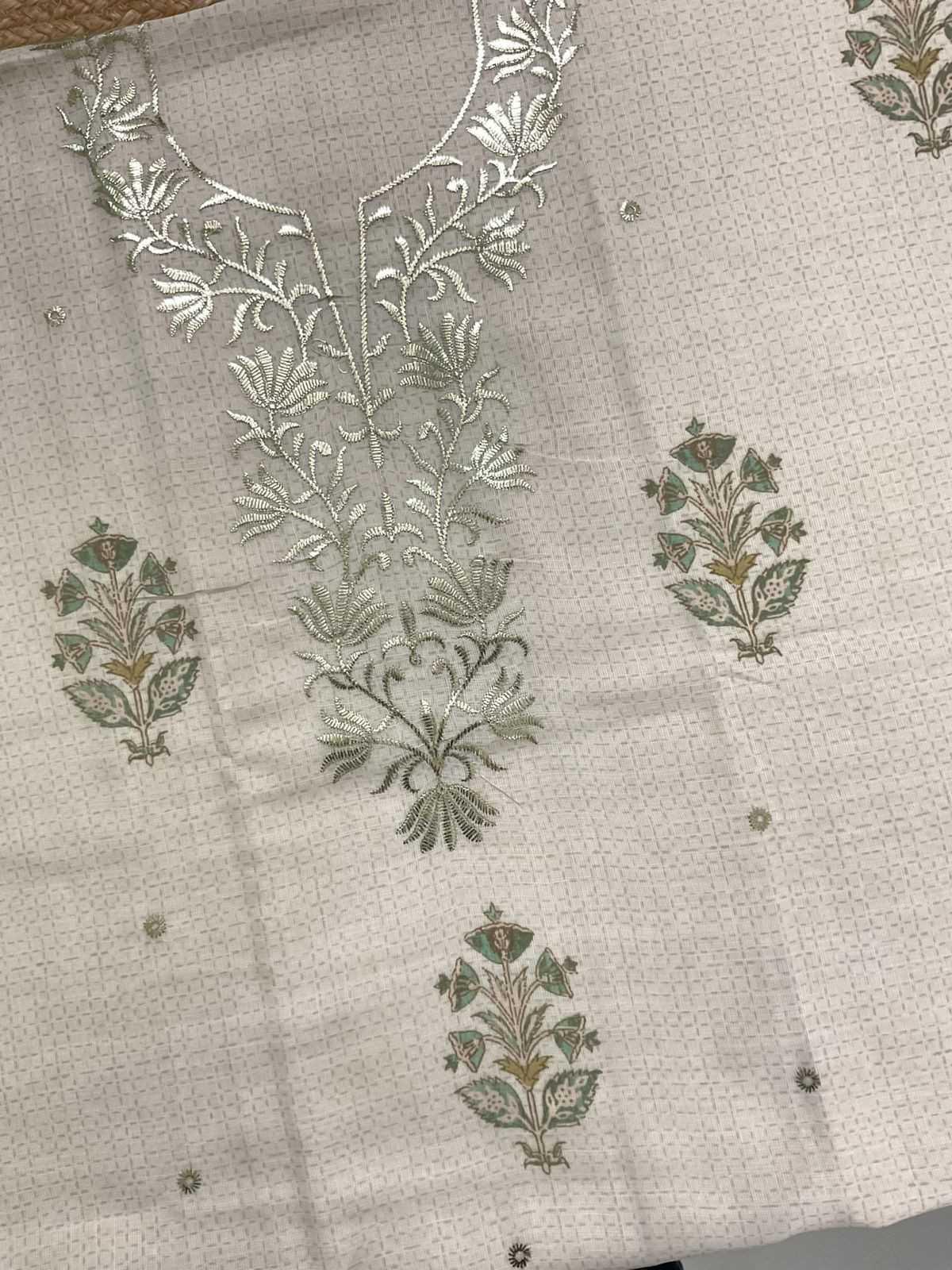 Soft Linen Jute Cotton Printed Embroidered Suit - Cream