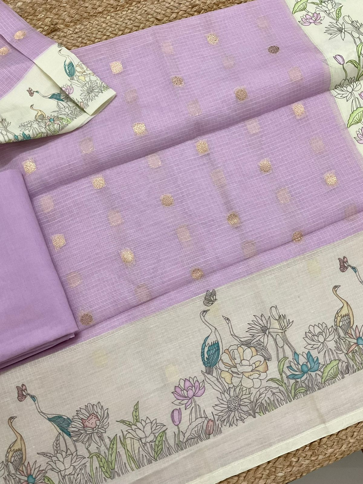 Soft Kota Silk Printed Banarasi Weaved Suit - Lavender