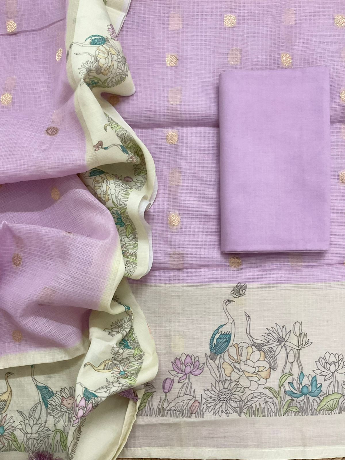Soft Kota Silk Printed Banarasi Weaved Suit - Lavender