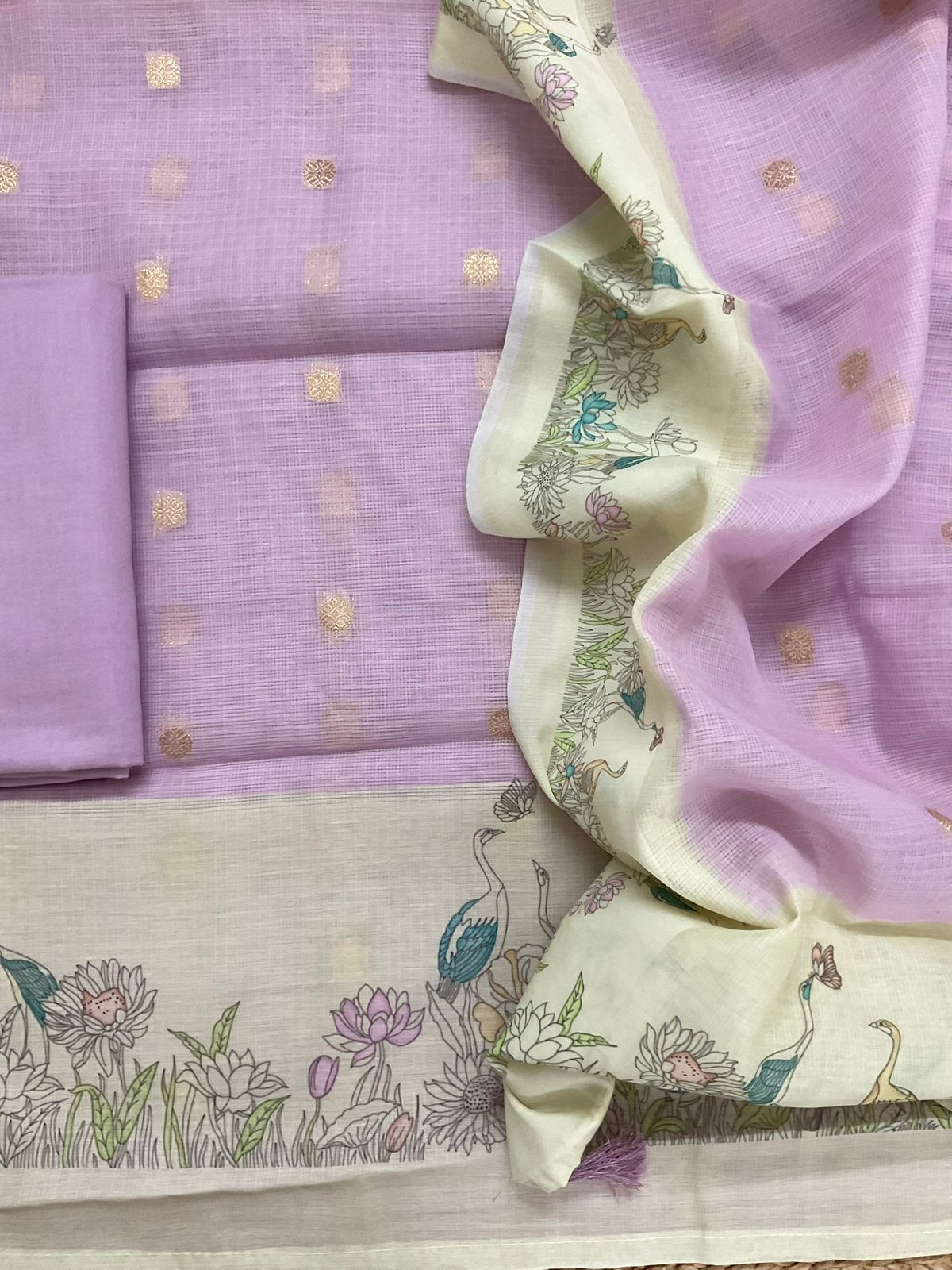 Soft Kota Silk Printed Banarasi Weaved Suit - Lavender