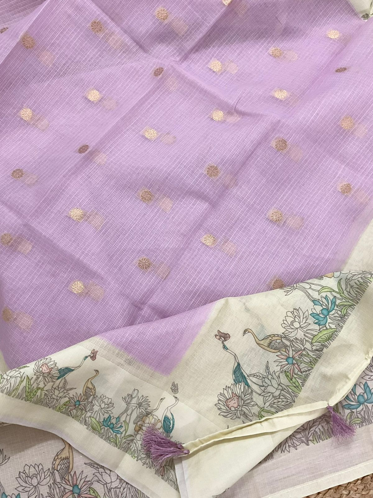 Soft Kota Silk Printed Banarasi Weaved Suit - Lavender