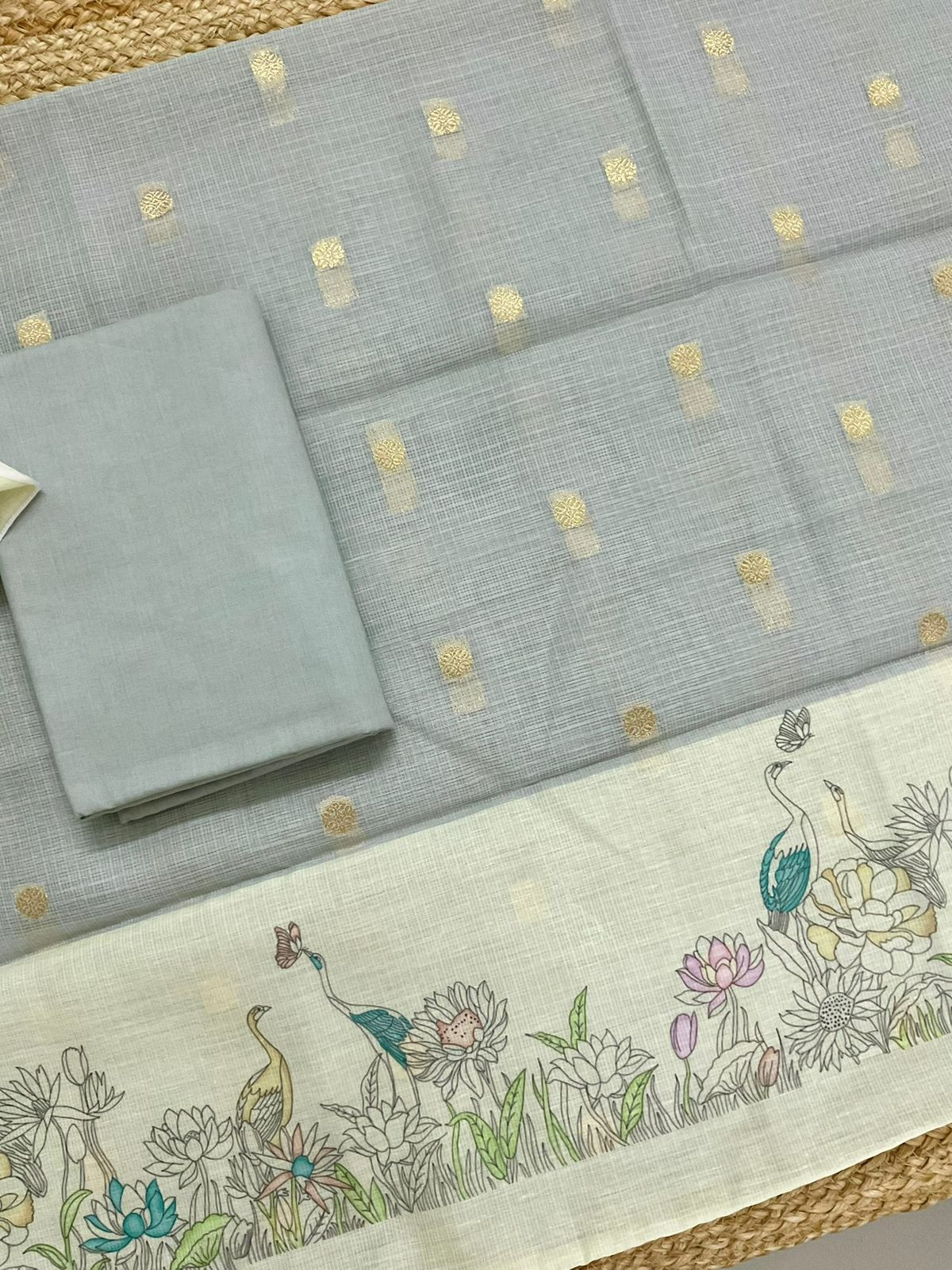Soft Kota Silk Printed Banarasi Weaved Suit - Grey