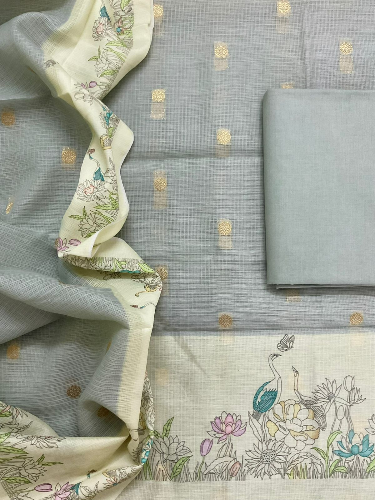 Soft Kota Silk Printed Banarasi Weaved Suit - Grey