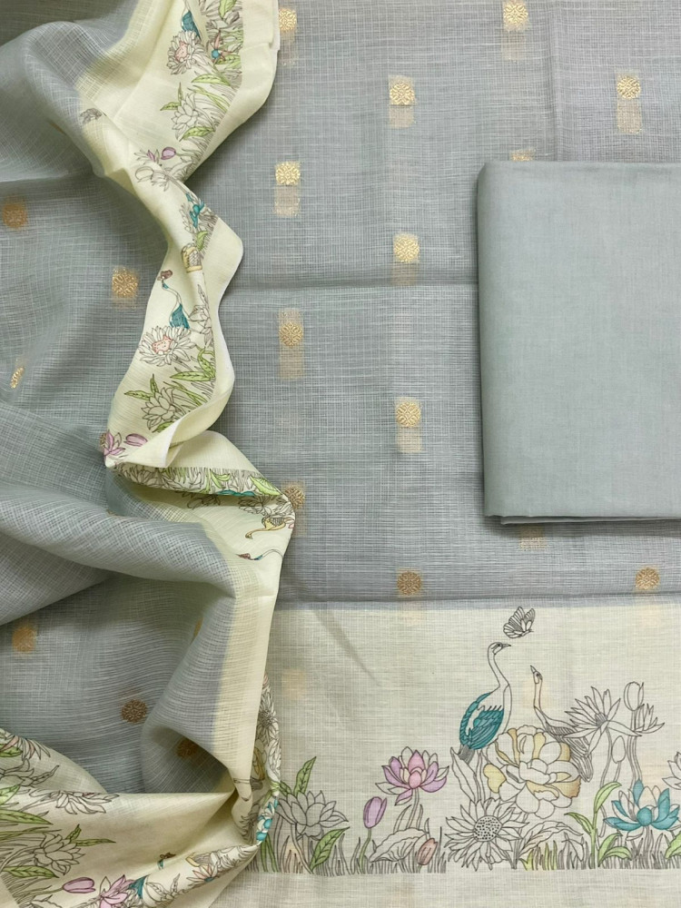 Image of Soft Kota Silk Printed Banarasi Weaved Suit - Grey
