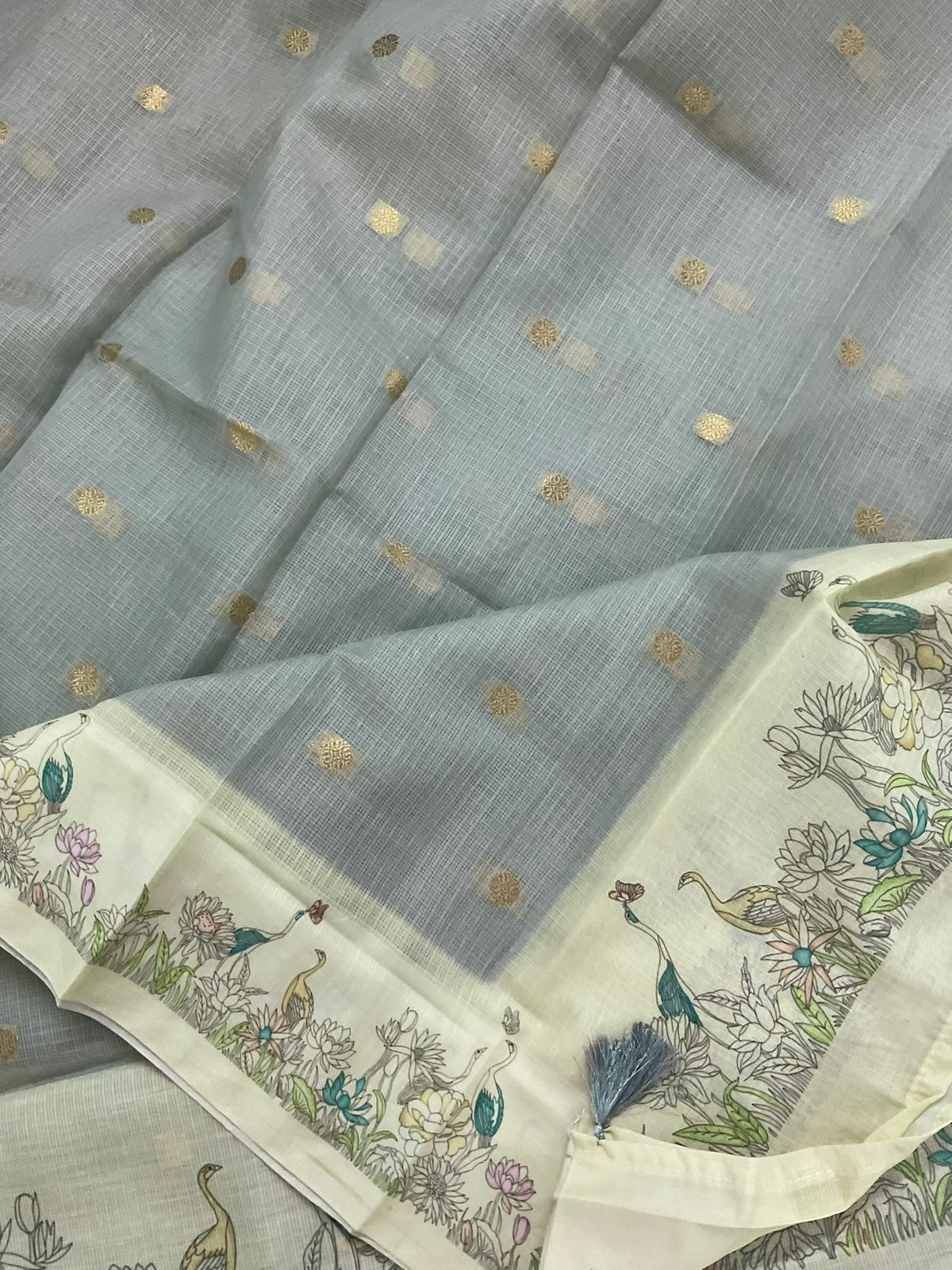 Soft Kota Silk Printed Banarasi Weaved Suit - Grey