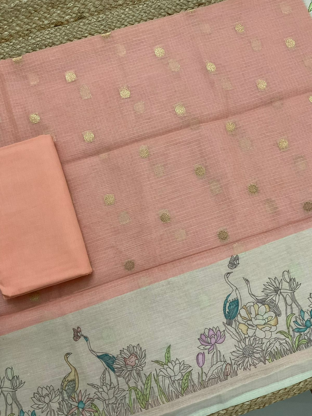 Soft Kota Silk Printed Banarasi Weaved Suit - Peach