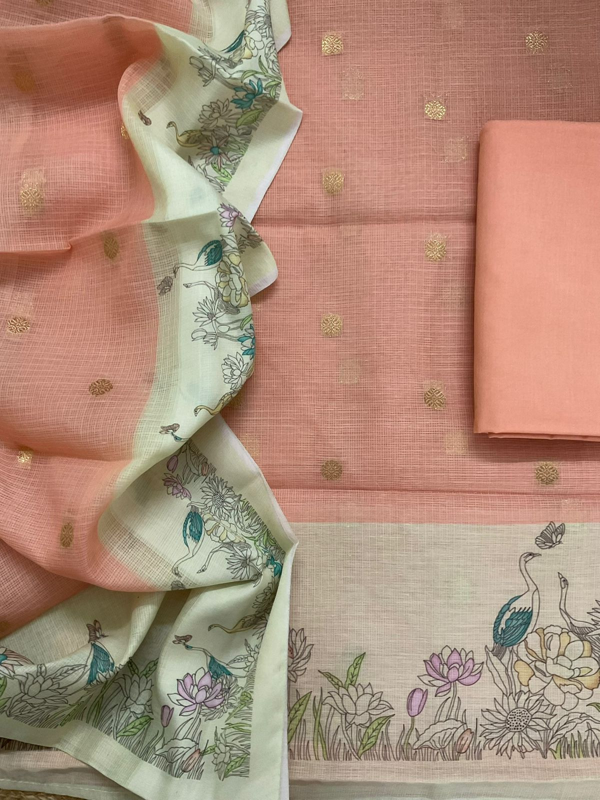 Soft Kota Silk Printed Banarasi Weaved Suit - Peach