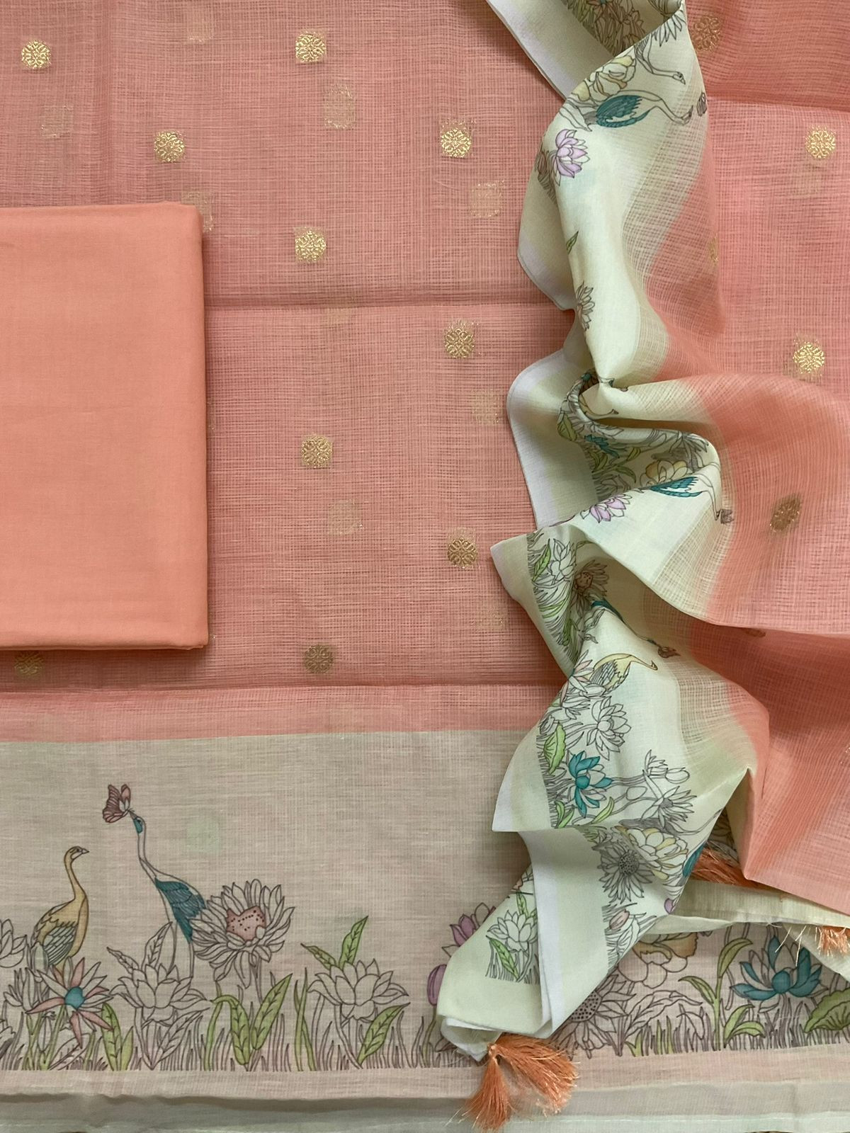 Soft Kota Silk Printed Banarasi Weaved Suit - Peach