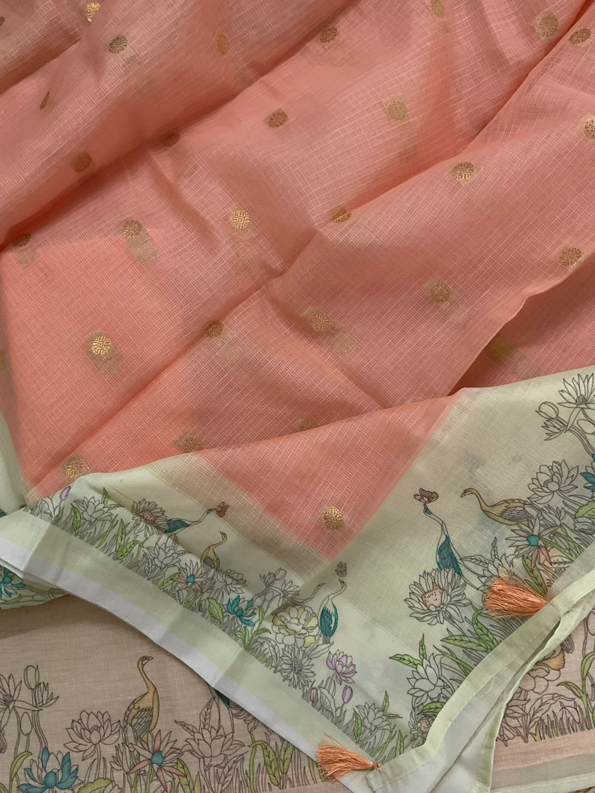 Soft Kota Silk Printed Banarasi Weaved Suit - Peach