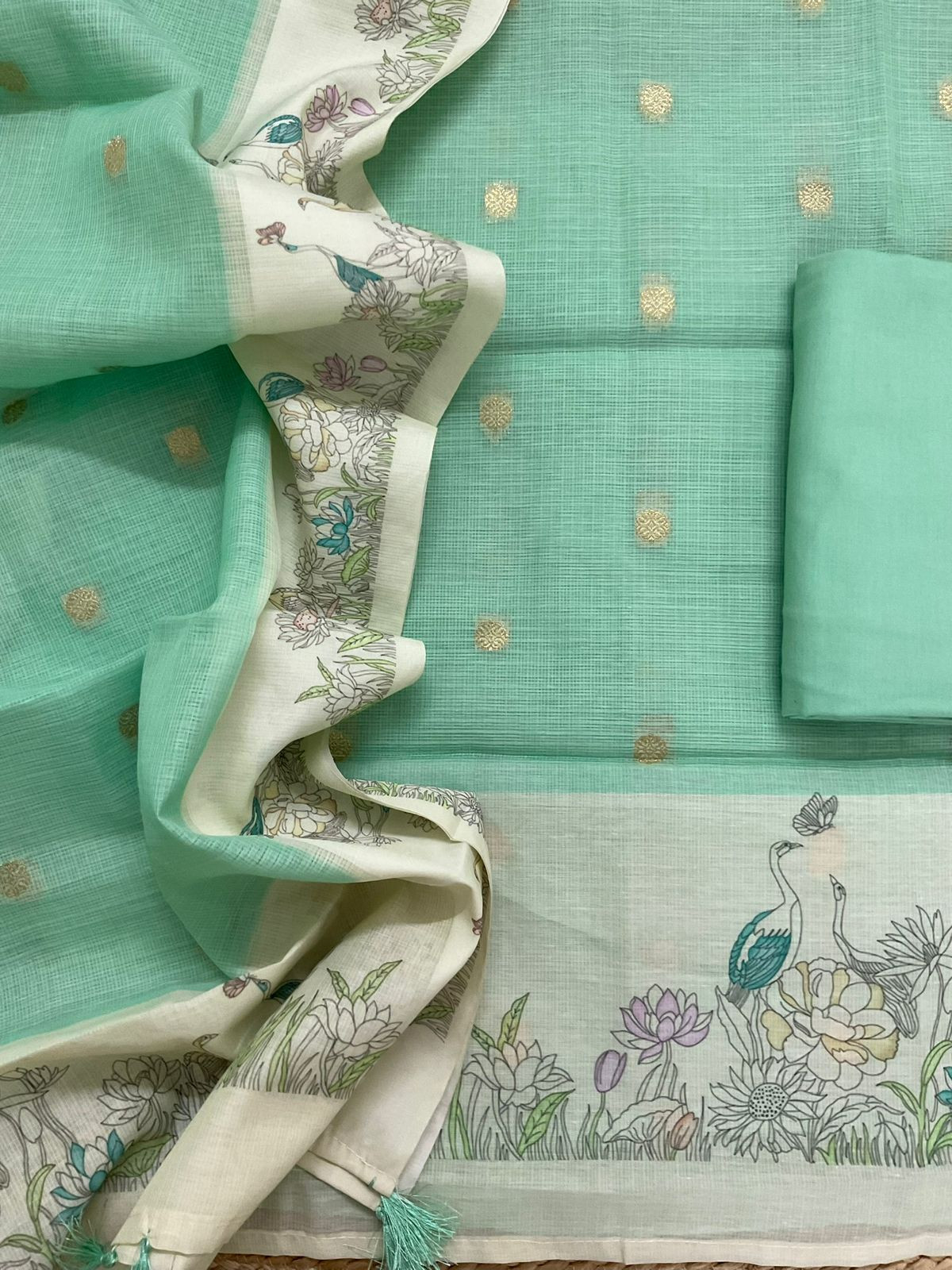 Soft Kota Silk Printed Banarasi Weaved Suit - Green