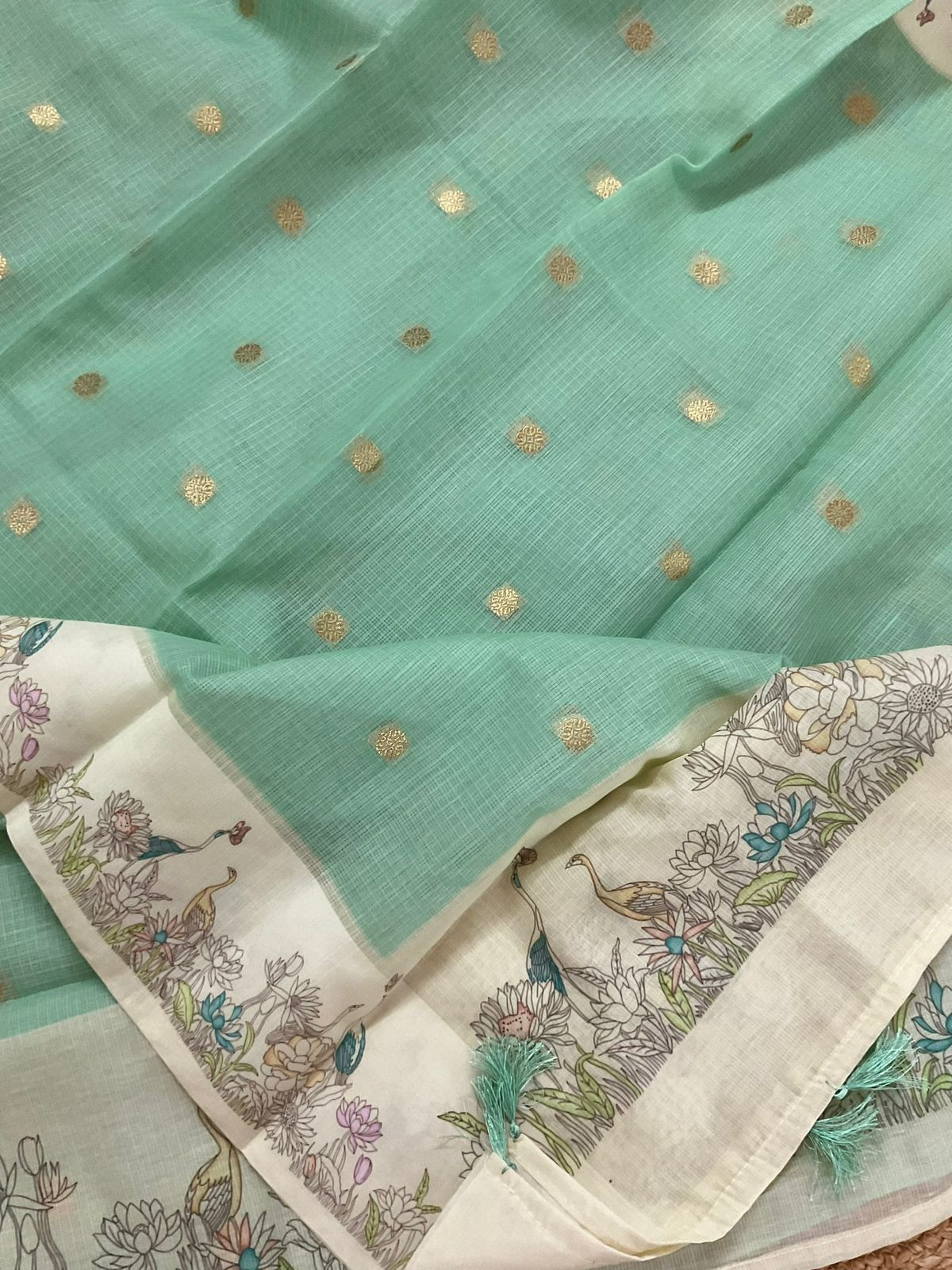 Soft Kota Silk Printed Banarasi Weaved Suit - Green
