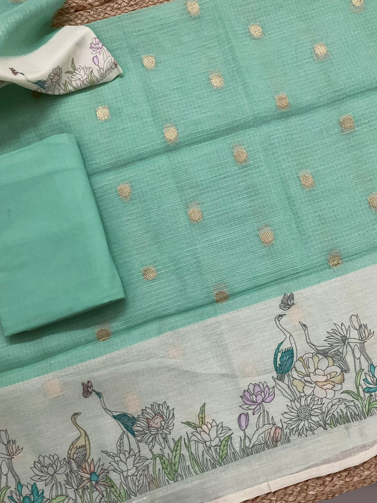 Soft Kota Silk Printed Banarasi Weaved Suit - Green