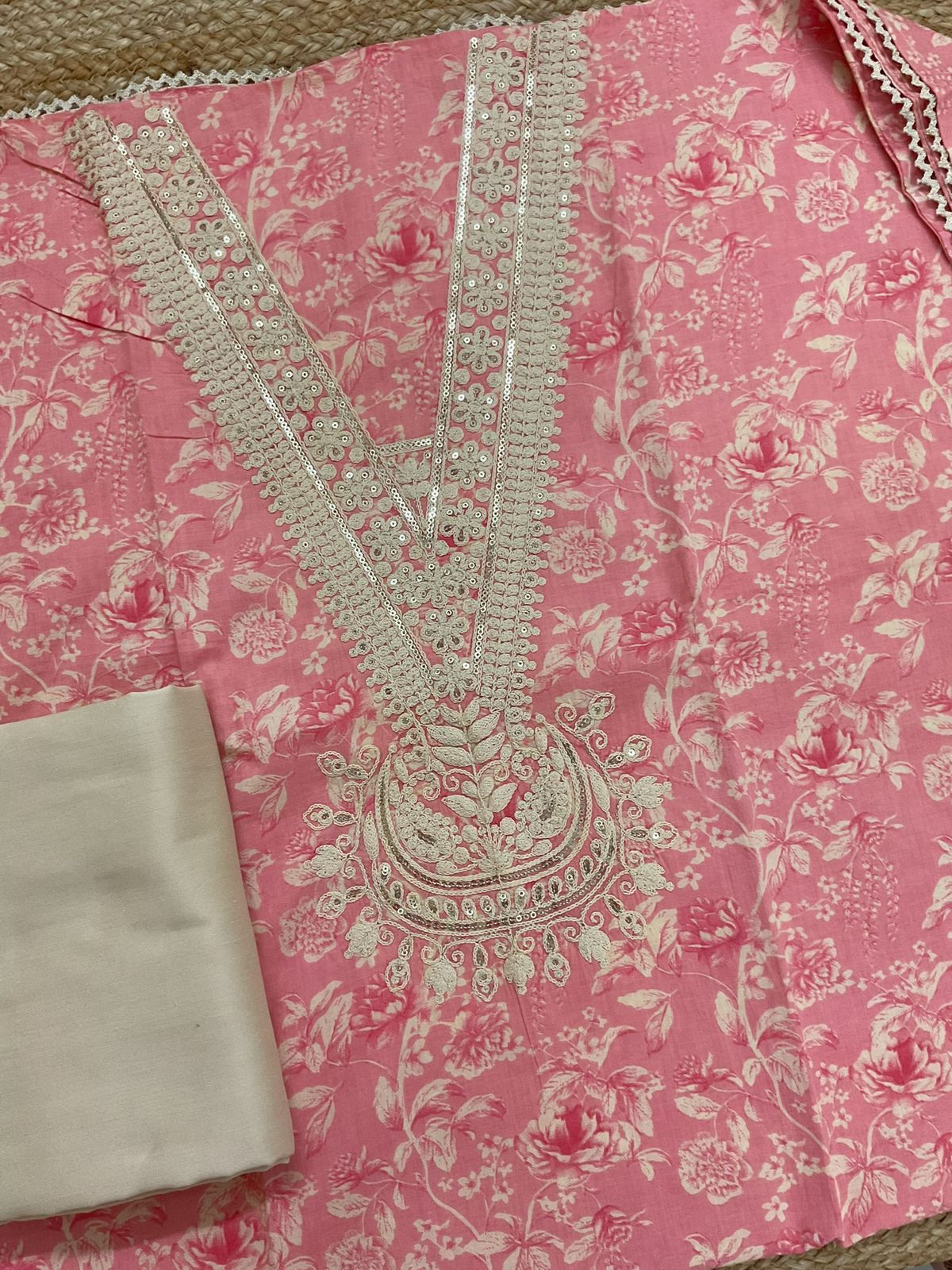 Pure Cotton Printed Embroidered Suit - Peach