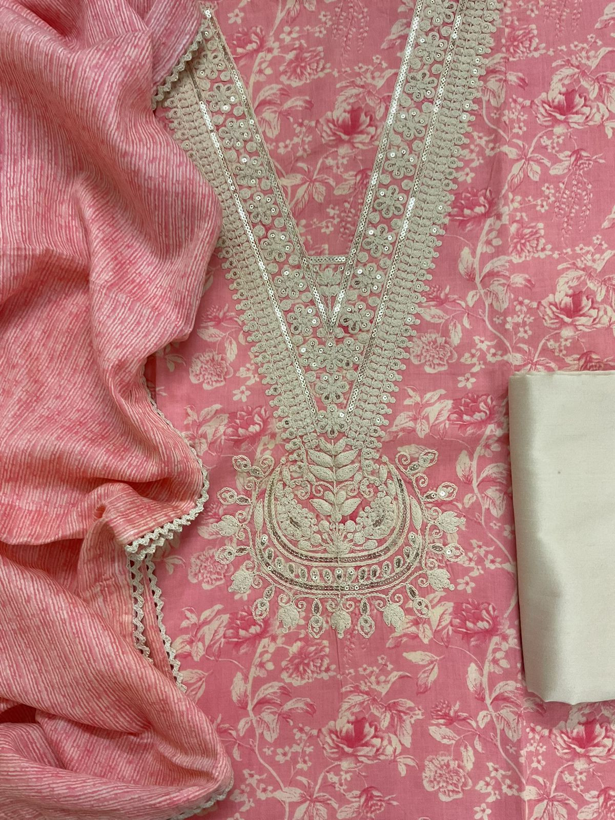 Pure Cotton Printed Embroidered Suit - Peach