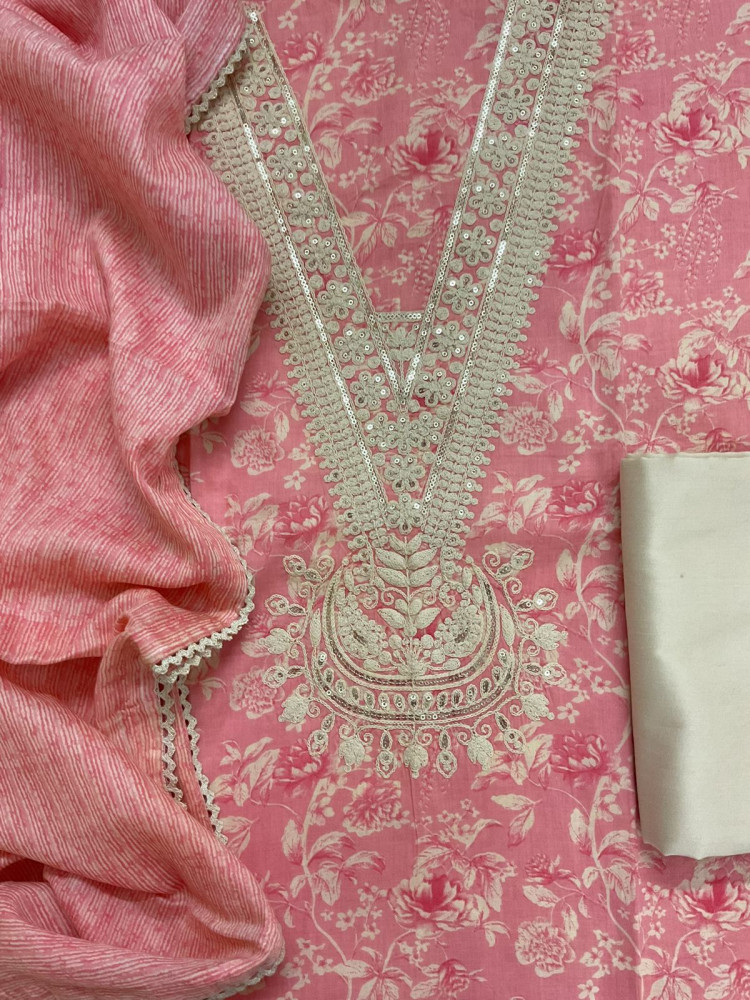 Image of Pure Cotton Printed Embroidered Suit - Peach