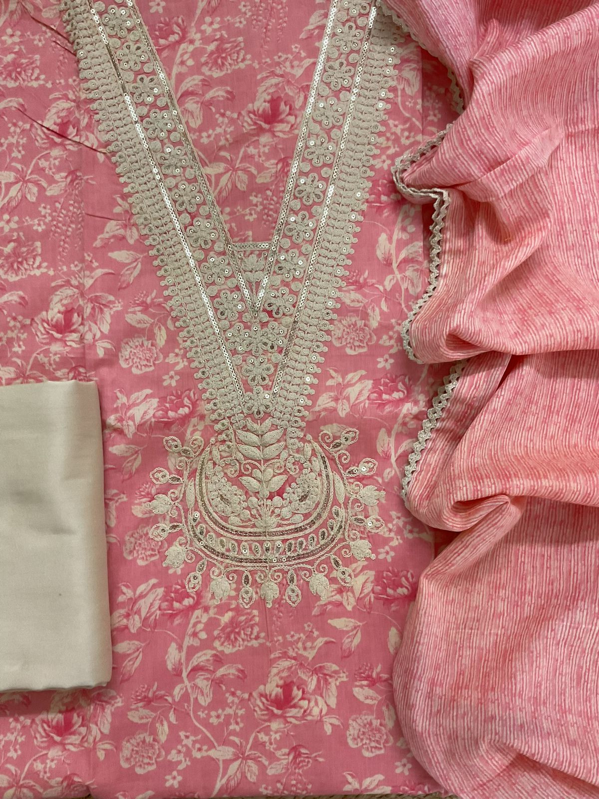 Pure Cotton Printed Embroidered Suit - Peach