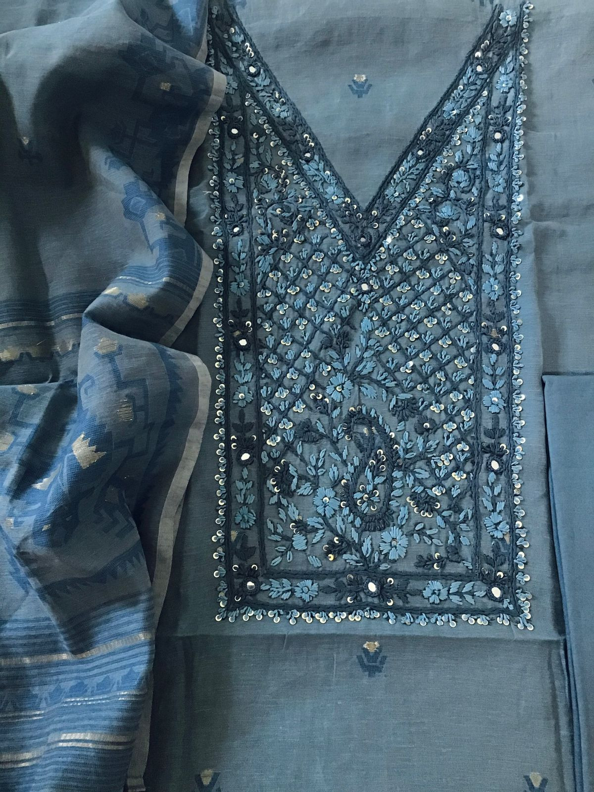 Soft Slub Chanderi Jamdani Weaved Embroidered Suit - Blue