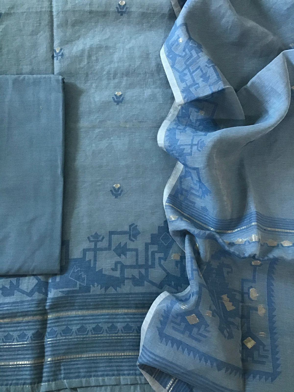 Soft Slub Chanderi Jamdani Weaved Embroidered Suit - Blue