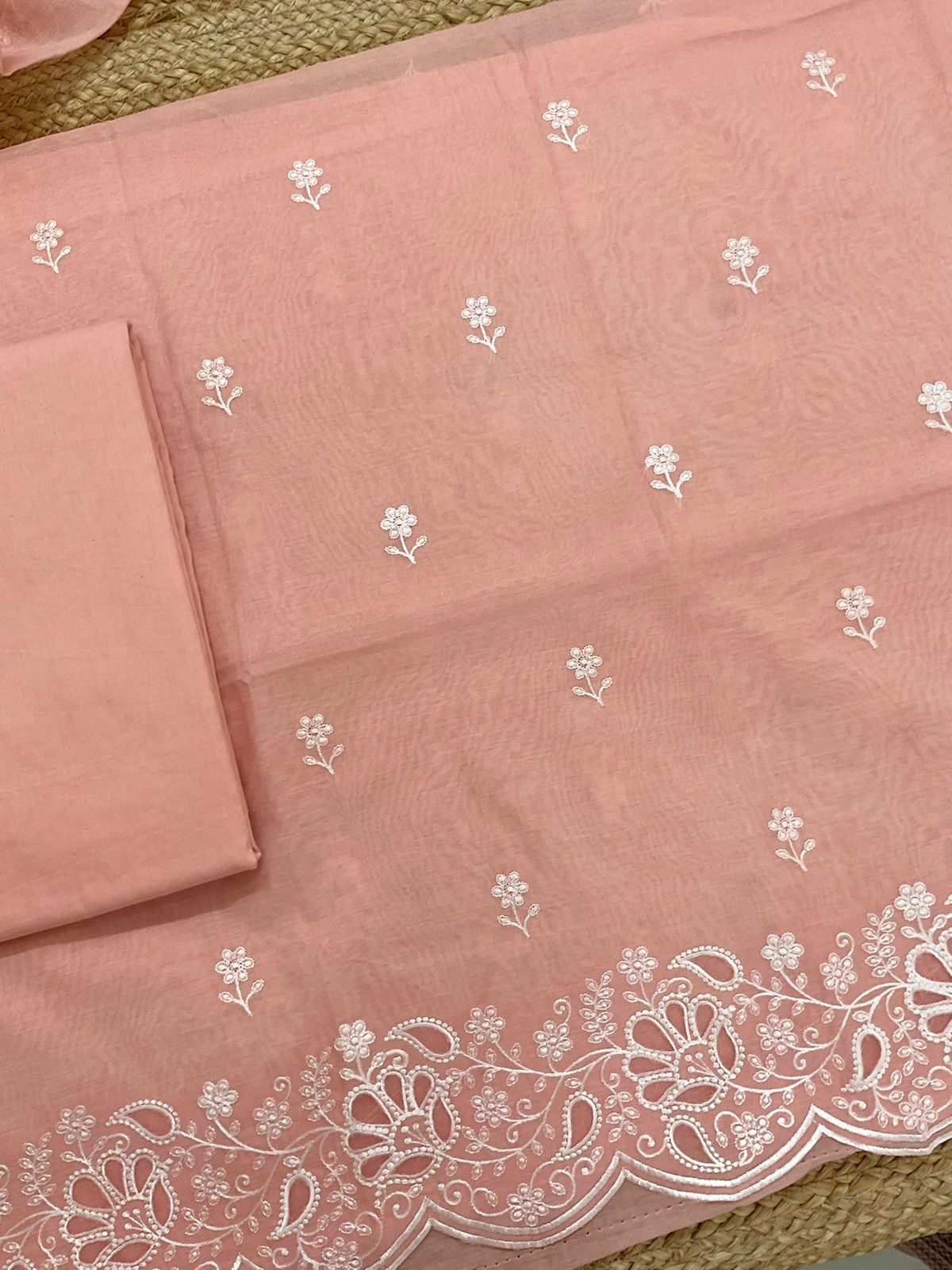 Soft Chanderi Embroidered Suit - Peach