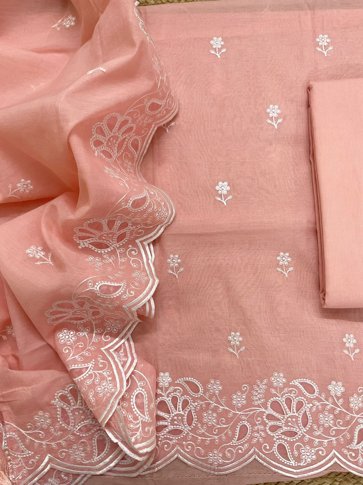 Soft Chanderi Embroidered Suit - Peach