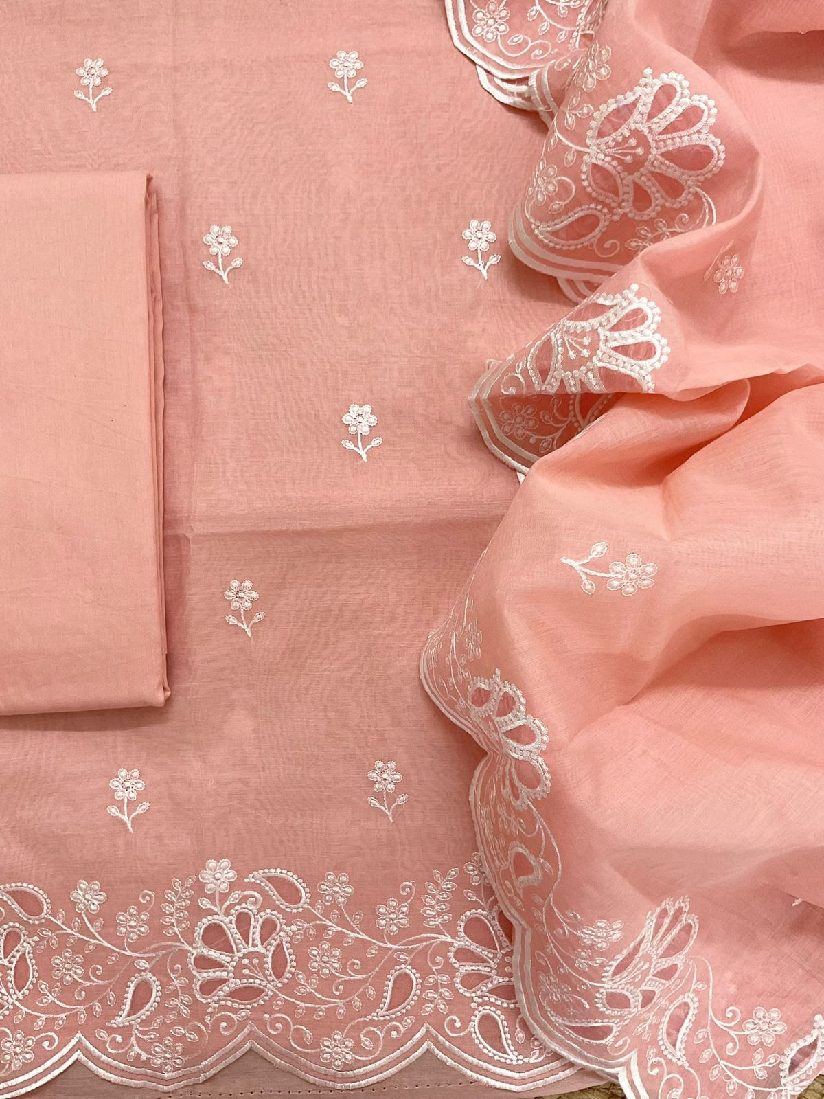 Soft Chanderi Embroidered Suit - Peach