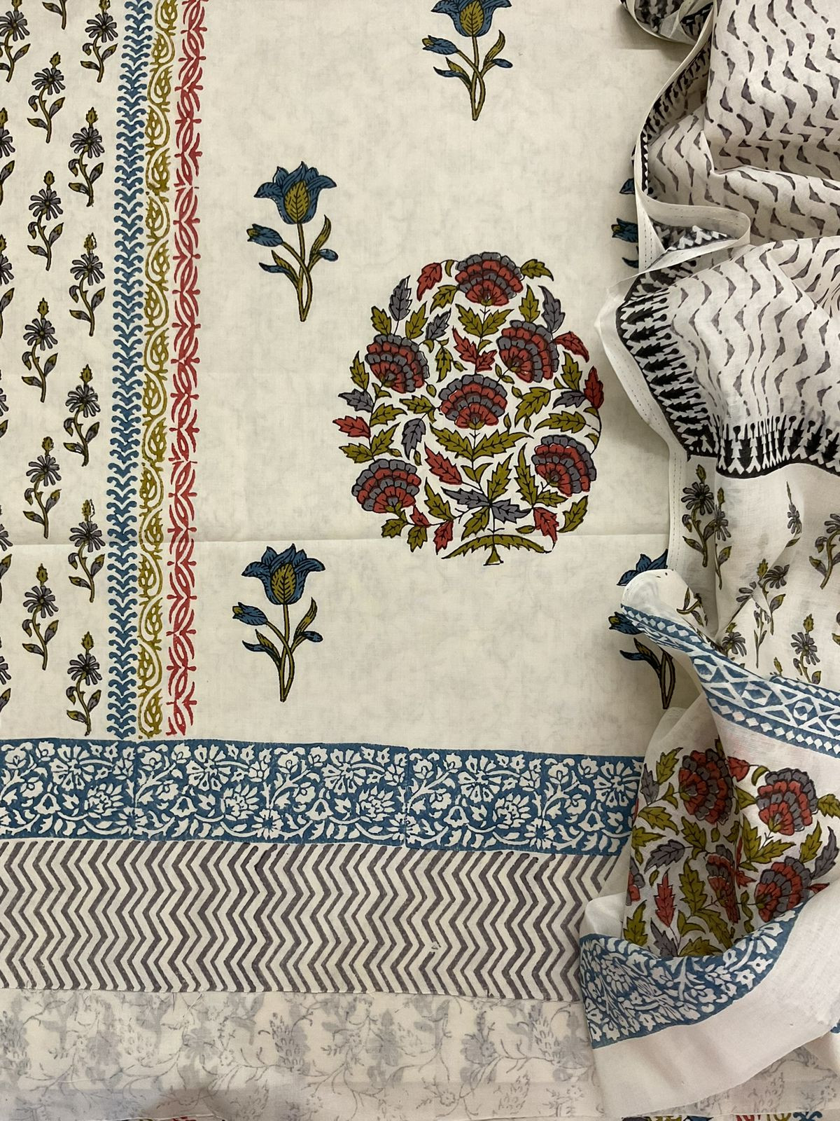 Pure Cotton Printed Suit - Cream