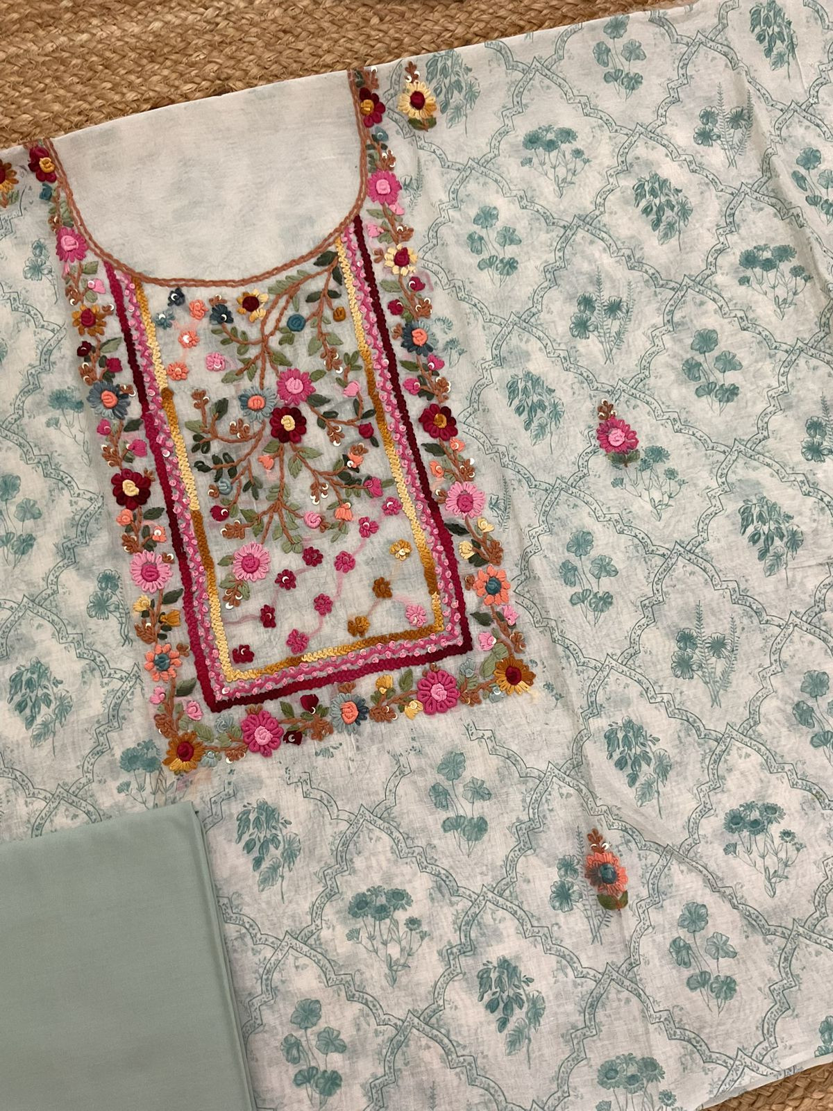 Pure Chanderi Block Printed Embroidered Suit - Off White