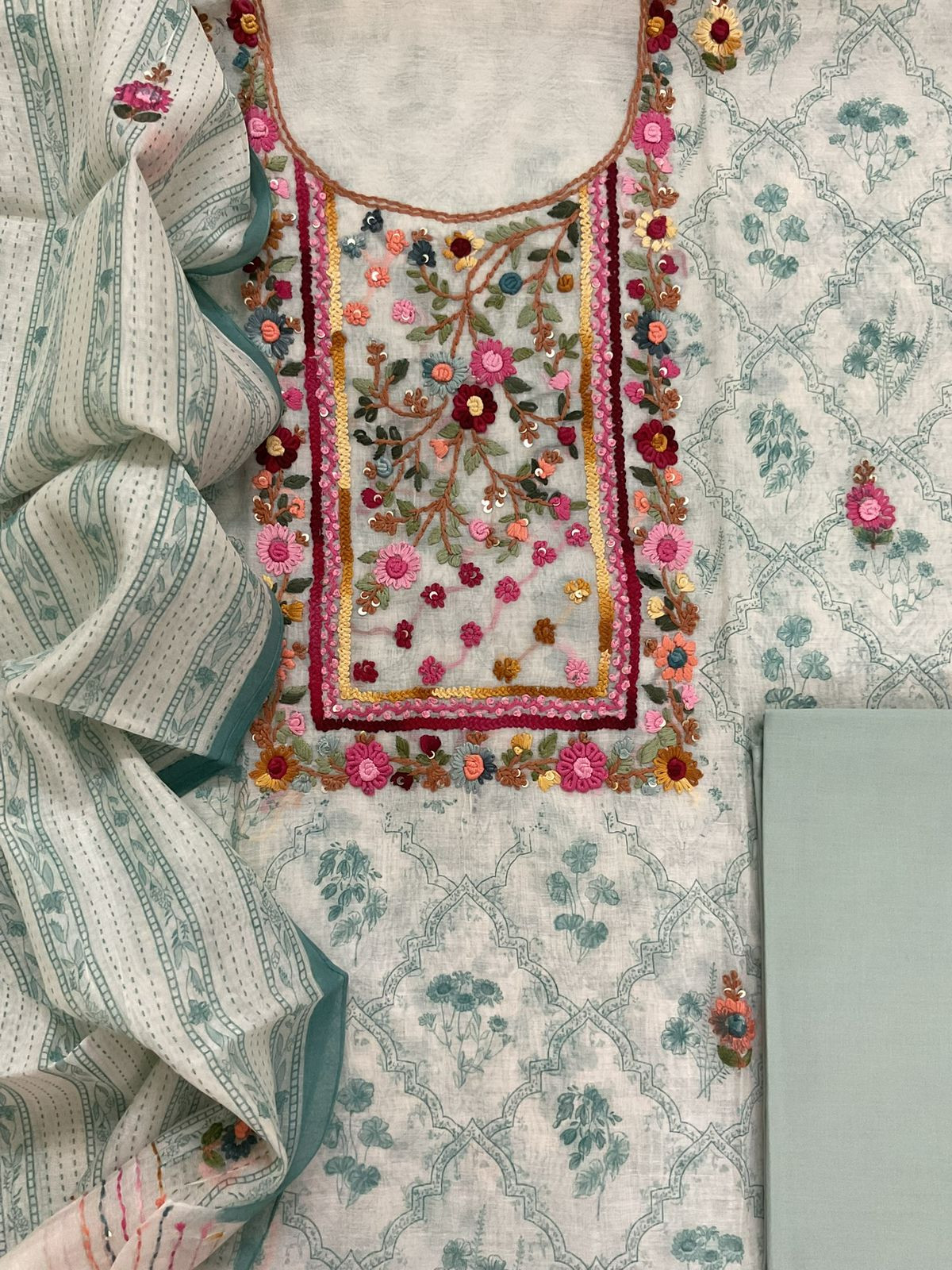 Pure Chanderi Block Printed Embroidered Suit - Off White