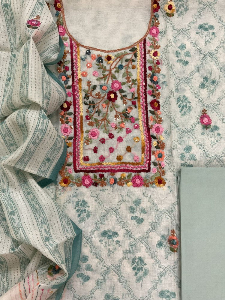 Image of Pure Chanderi Block Printed Embroidered Suit - Off White